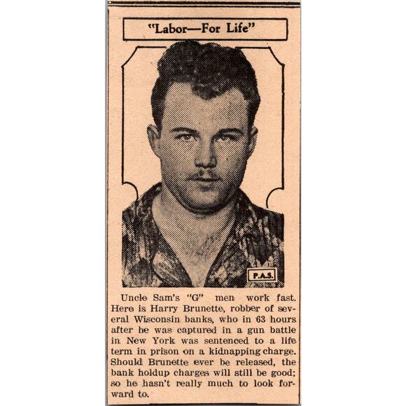 Harry Brunette Robber of Several Banks 1936 Galesville WI Clipping SAH6-M8 - Picture 1 of 2
